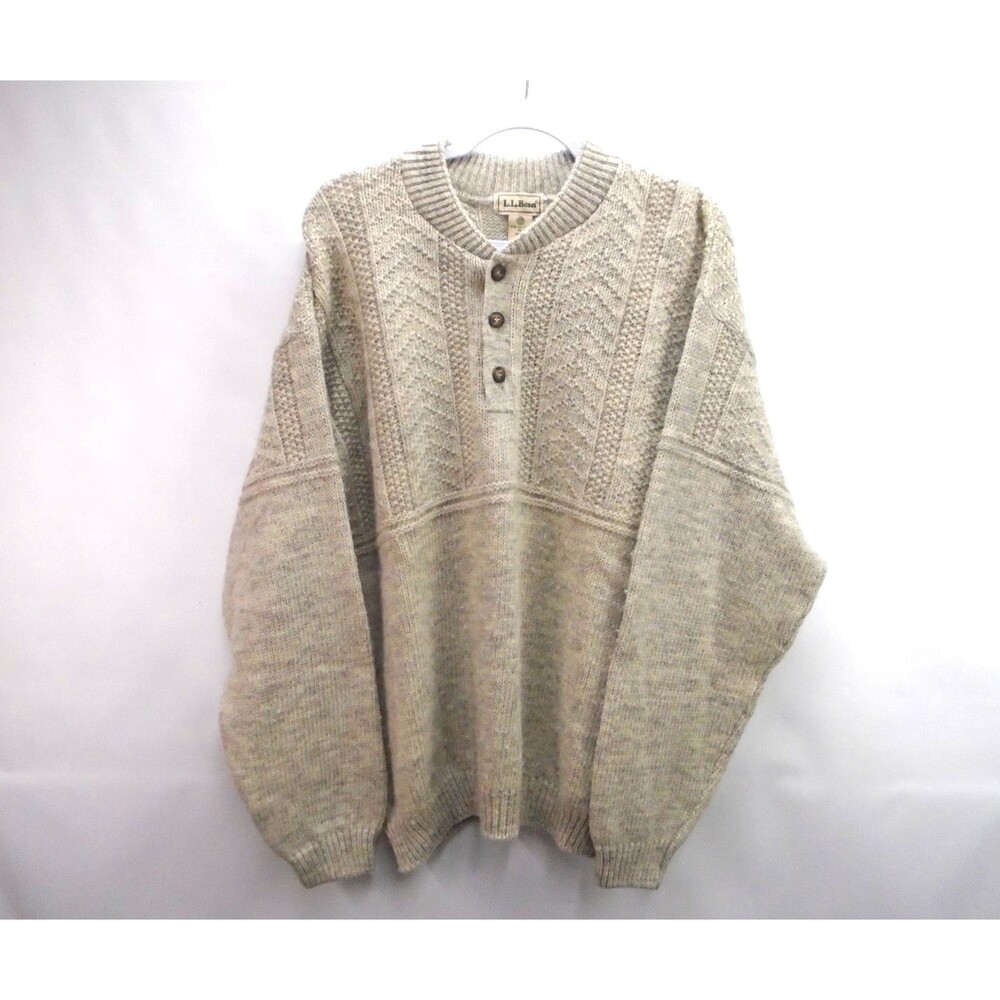 L.L. Bean Men's Cream Cable-Knit Henley Crewneck Sweater